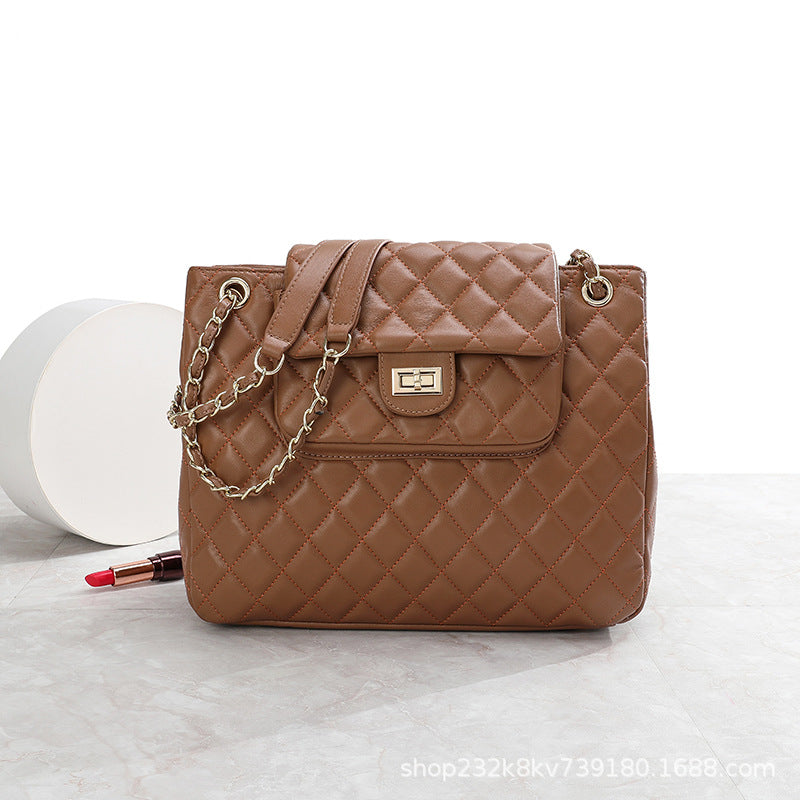 Ladies bag, sheep leather check chain bag, large capacity, high quality, genuine leather shoulder bag that goes with anything. Pochette