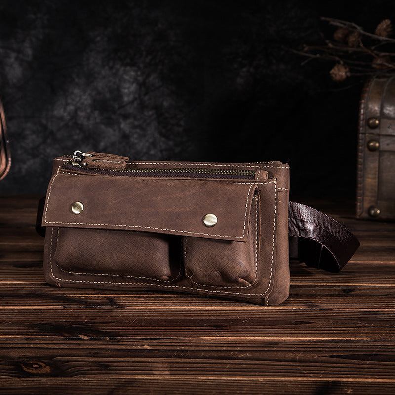 Men's Waist Pouch Cowhide Genuine Leather Fashion Men's Bust Bag 
