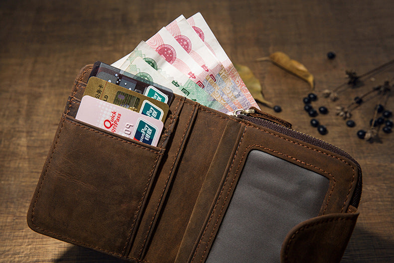 Men's Short Wallet Handcrafted Original Crazy Horse Cowskin Genuine Leather Zipper Coin Purse Korean Fashion Individuality Men's Wallet 