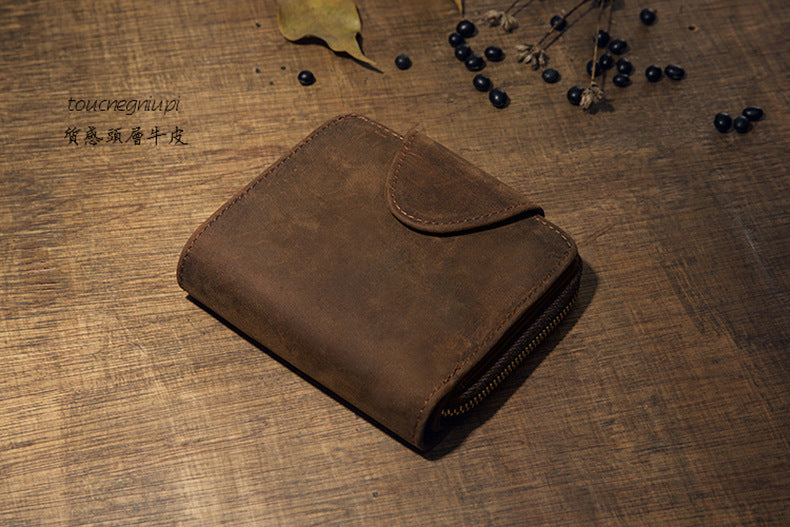 Men's Short Wallet Handcrafted Original Crazy Horse Cowskin Genuine Leather Zipper Coin Purse Korean Fashion Individuality Men's Wallet 