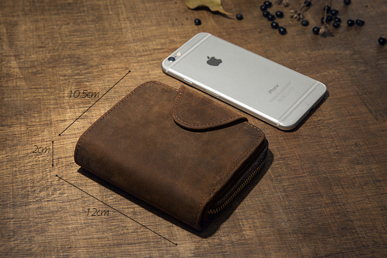 Men's Short Wallet Handcrafted Original Crazy Horse Cowskin Genuine Leather Zipper Coin Purse Korean Fashion Individuality Men's Wallet 