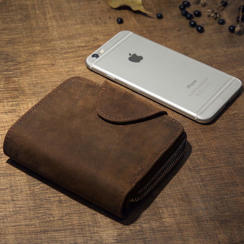 Men's Short Wallet Handcrafted Original Crazy Horse Cowskin Genuine Leather Zipper Coin Purse Korean Fashion Individuality Men's Wallet 