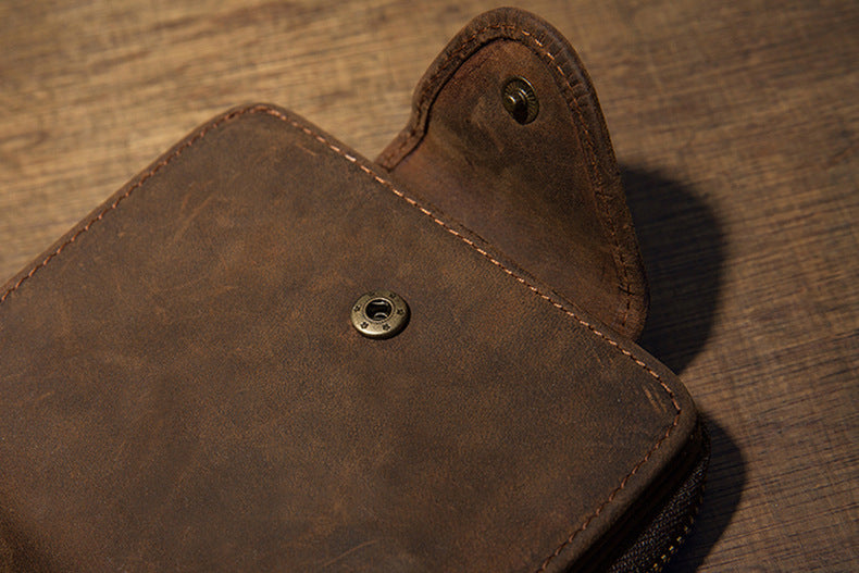Men's Short Wallet Handcrafted Original Crazy Horse Cowskin Genuine Leather Zipper Coin Purse Korean Fashion Individuality Men's Wallet 