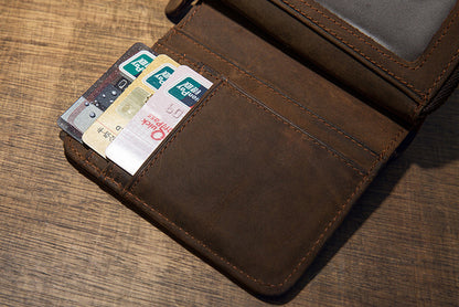Men's Short Wallet Handcrafted Original Crazy Horse Cowskin Genuine Leather Zipper Coin Purse Korean Fashion Individuality Men's Wallet 