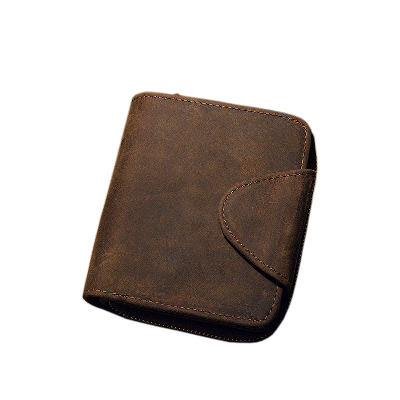 Men's Short Wallet Handcrafted Original Crazy Horse Cowskin Genuine Leather Zipper Coin Purse Korean Fashion Individuality Men's Wallet 