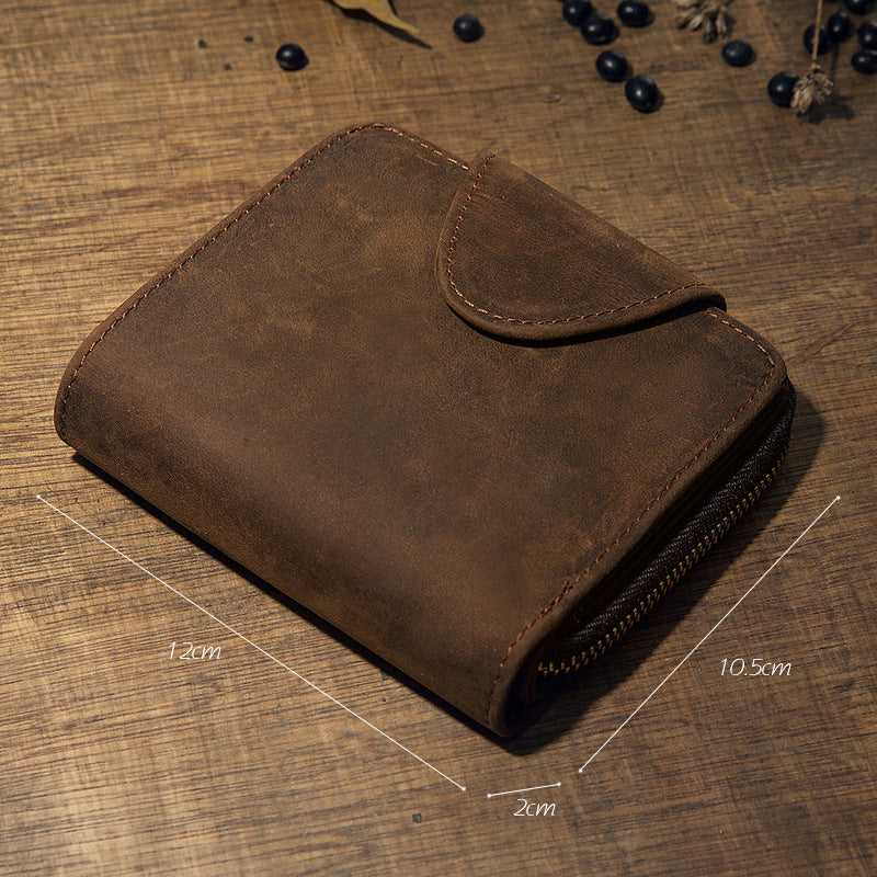 Men's Short Wallet Handcrafted Original Crazy Horse Cowskin Genuine Leather Zipper Coin Purse Korean Fashion Individuality Men's Wallet 