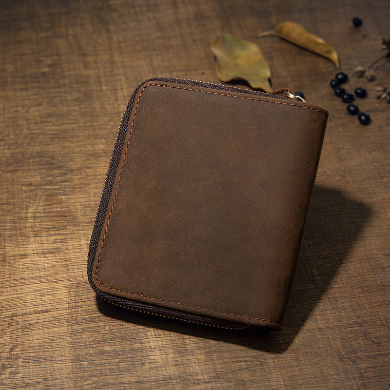 Men's Short Wallet Handcrafted Original Crazy Horse Cowskin Genuine Leather Zipper Coin Purse Korean Fashion Individuality Men's Wallet 