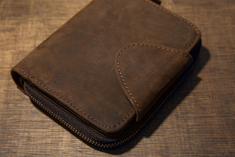 Men's Short Wallet Handcrafted Original Crazy Horse Cowskin Genuine Leather Zipper Coin Purse Korean Fashion Individuality Men's Wallet 