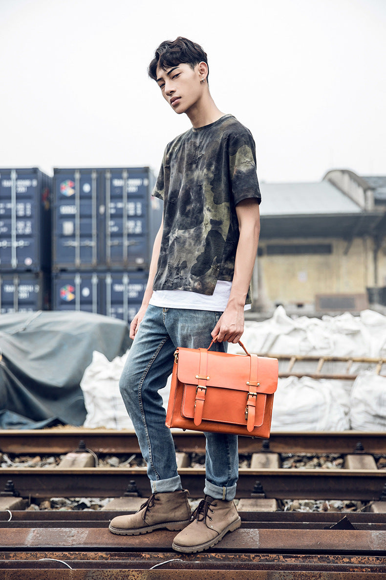 Men's original handmade cowhide genuine leather Korean fashion shoulder bag casual retro crossbody bag 