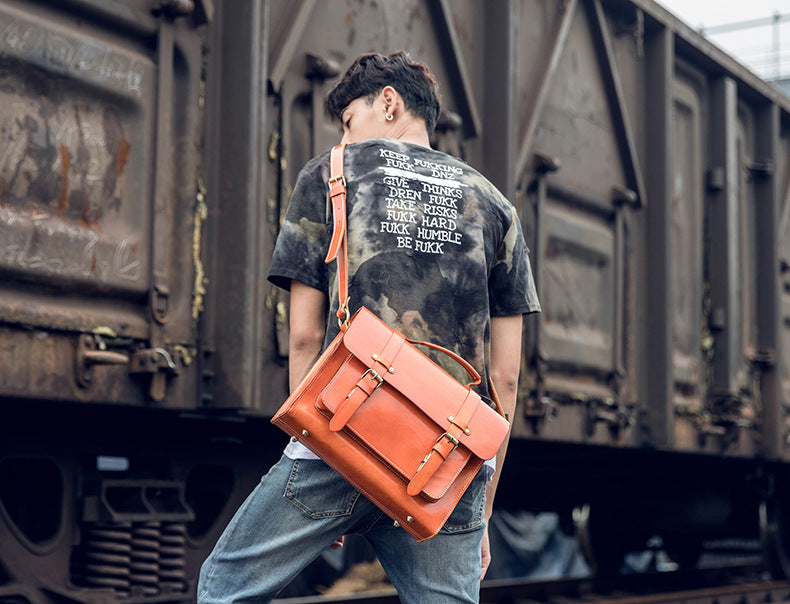 Men's original handmade cowhide genuine leather Korean fashion shoulder bag casual retro crossbody bag 