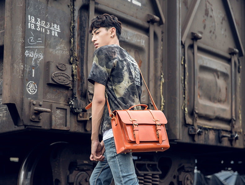 Men's original handmade cowhide genuine leather Korean fashion shoulder bag casual retro crossbody bag 