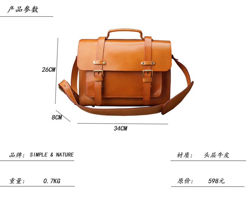 Men's original handmade cowhide genuine leather Korean fashion shoulder bag casual retro crossbody bag 