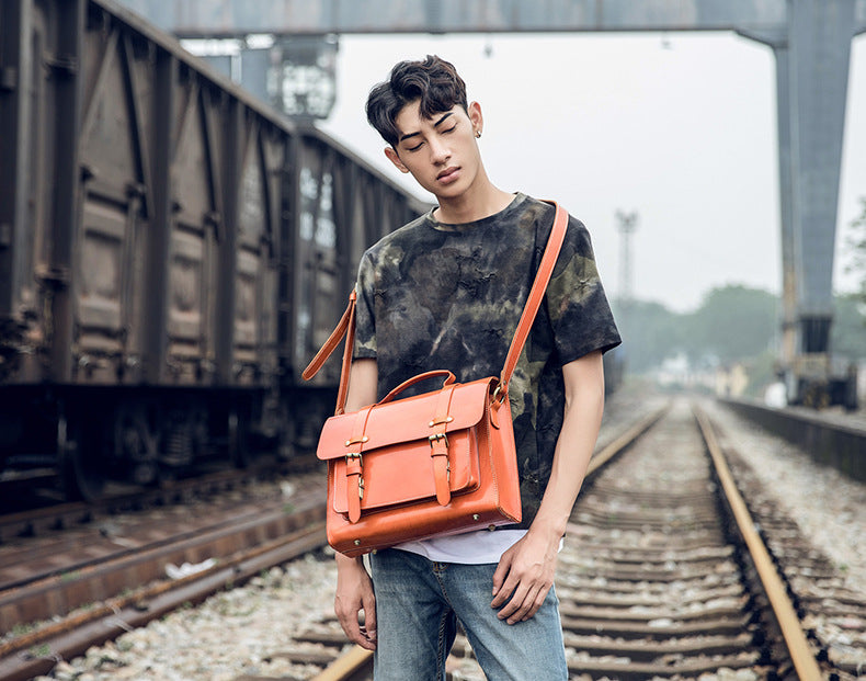 Men's original handmade cowhide genuine leather Korean fashion shoulder bag casual retro crossbody bag 