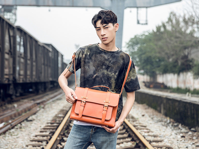 Men's original handmade cowhide genuine leather Korean fashion shoulder bag casual retro crossbody bag 