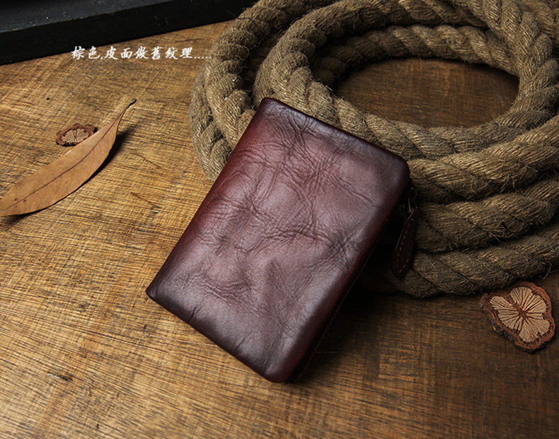 Men's short wallet, cowhide, genuine leather, handmade, original, casual, zipper, unique, Korean fashion, simple wallet for men 