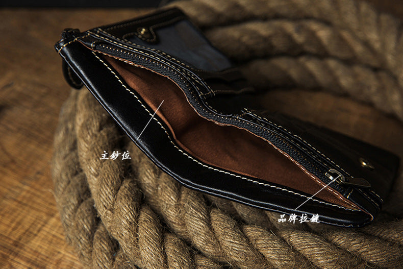 Men's short wallet, cowhide, genuine leather, handmade, original, casual, zipper, unique, Korean fashion, simple wallet for men 