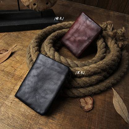 Men's short wallet, cowhide, genuine leather, handmade, original, casual, zipper, unique, Korean fashion, simple wallet for men 