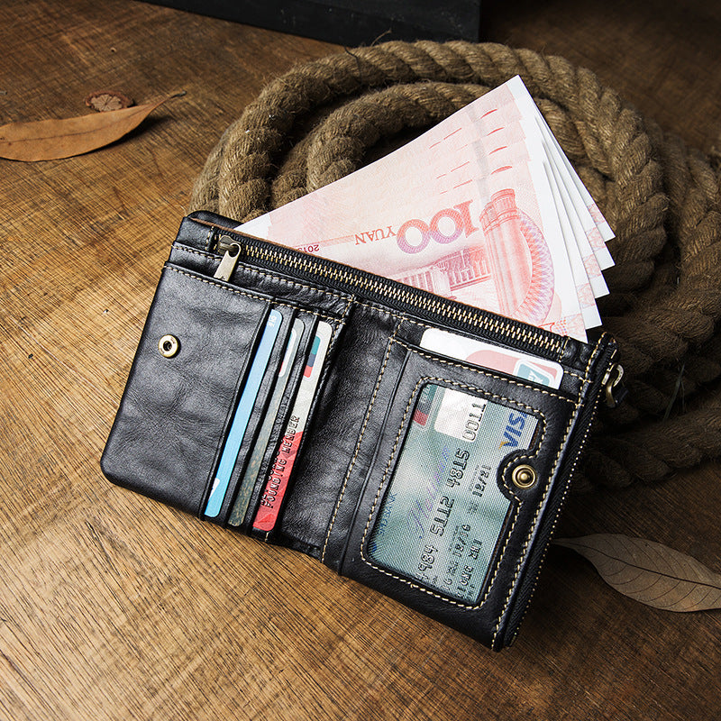 Men's short wallet, cowhide, genuine leather, handmade, original, casual, zipper, unique, Korean fashion, simple wallet for men 