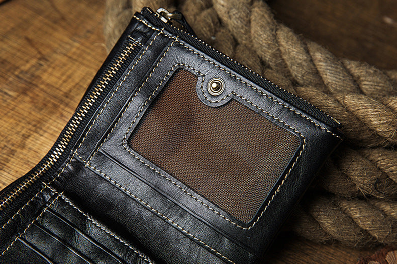 Men's short wallet, cowhide, genuine leather, handmade, original, casual, zipper, unique, Korean fashion, simple wallet for men 