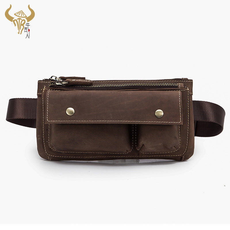 Men's Waist Pouch Cowhide Genuine Leather Fashion Men's Bust Bag 