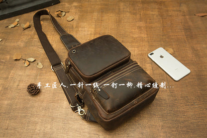 メンズバストバッグ 手作り 牛皮本革製 クレイジー・ホース レトロ ファッション 斜めがけショルダーバッグ