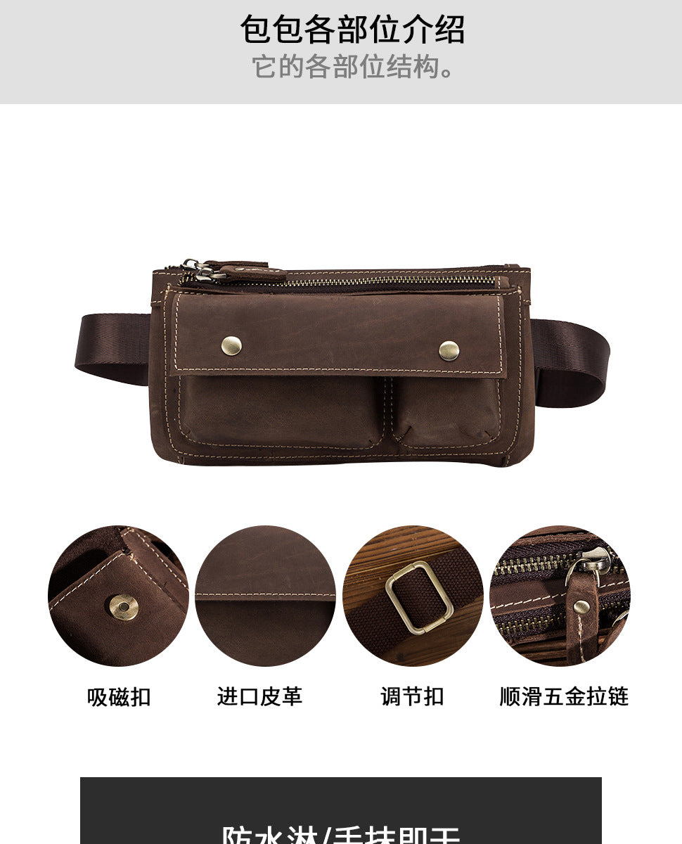 Men's Waist Pouch Cowhide Genuine Leather Fashion Men's Bust Bag 
