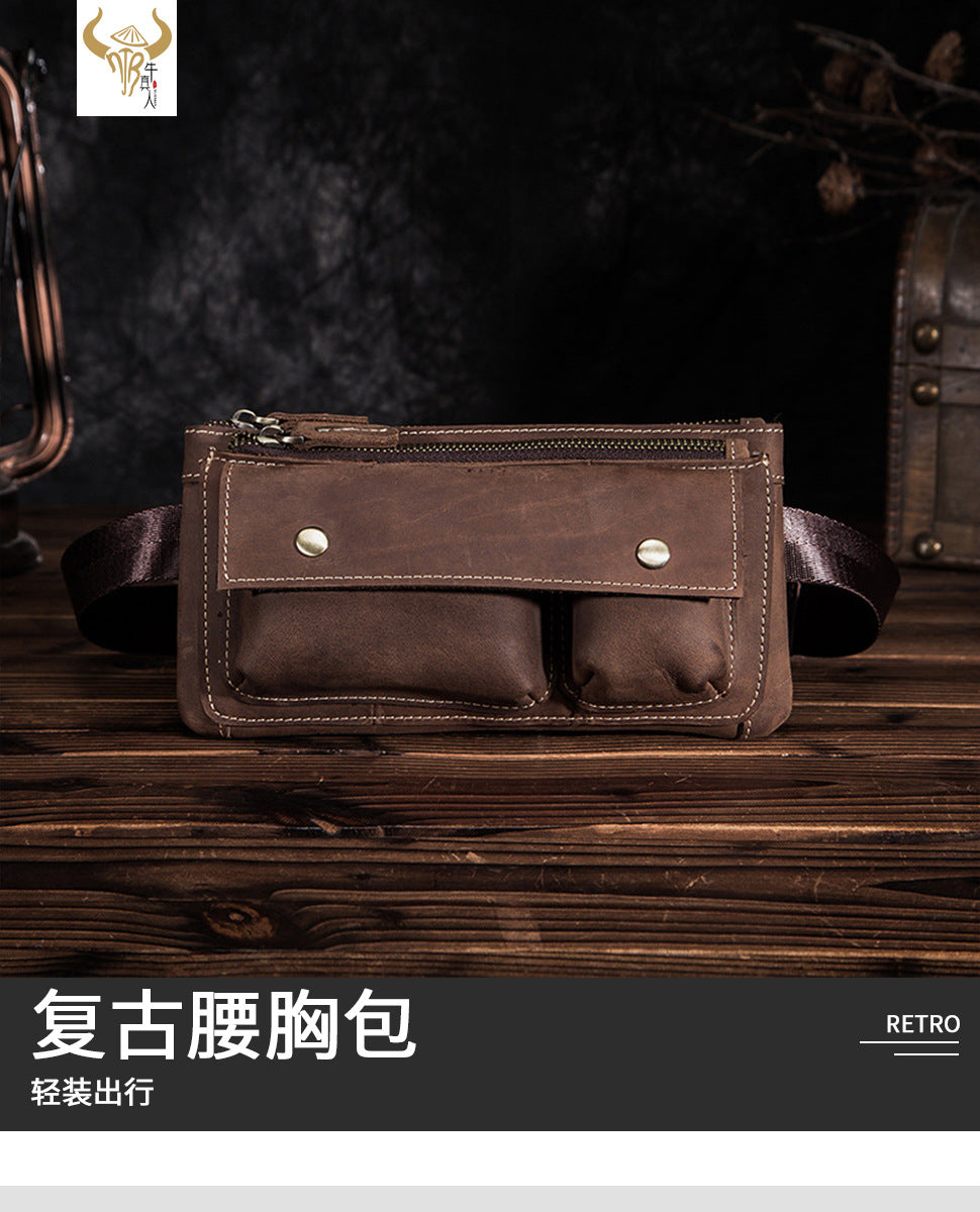 Men's Waist Pouch Cowhide Genuine Leather Fashion Men's Bust Bag 