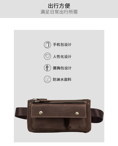 Men's Waist Pouch Cowhide Genuine Leather Fashion Men's Bust Bag 