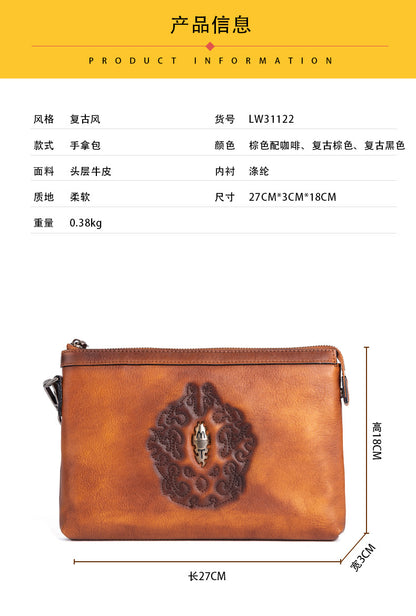メンズクラッチバッグ牛革本革製レトロ個性ファッション カジュアル男性用ハンドバッグ