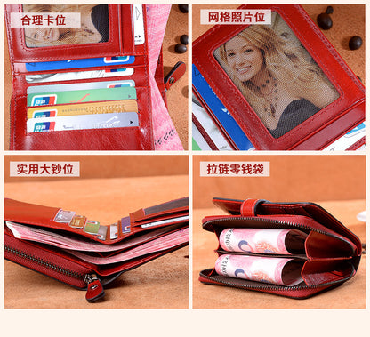 Genuine Leather Women's Wallet Short Wallet Bifold Wallet Hand-held Zipper Retro Coin Purse