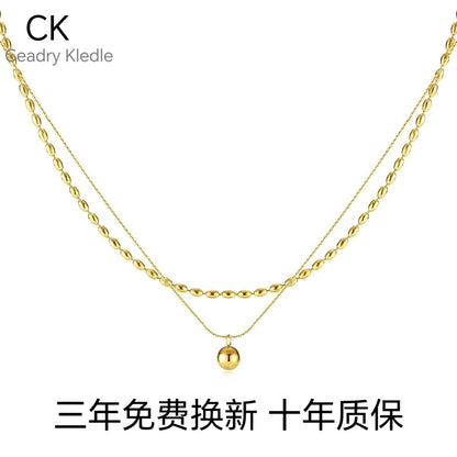 Ceadry kledle フレンチ気質女性ネックレス色落ちないイエローゴールド丸いボール二重重ね鎖骨チェーン