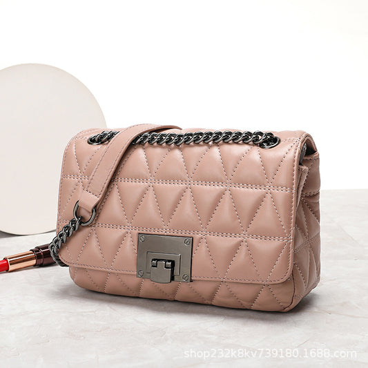 Ladies Cowhide Top Bag Fashion Chain Bag Check Bag Shoulder Bag.Pochette
