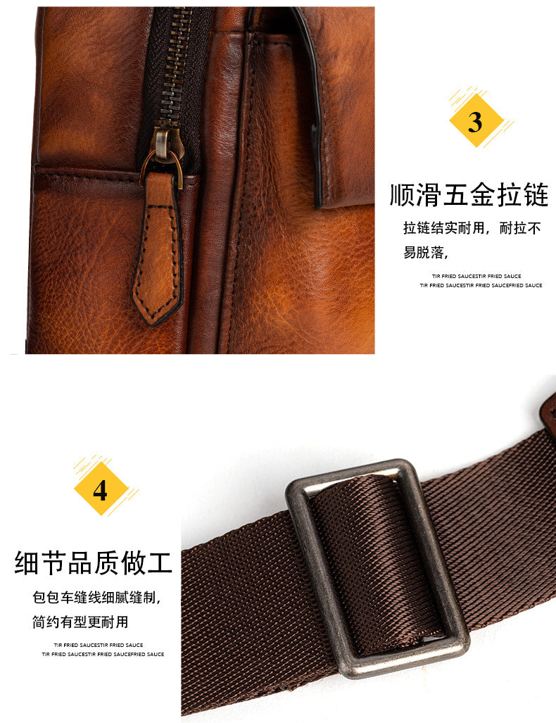 メンズバストバッグ牛革本革製レトロカジュアル男性用斜めがけバッグ