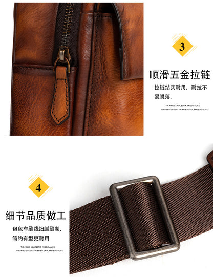 メンズバストバッグ牛革本革製レトロカジュアル男性用斜めがけバッグ