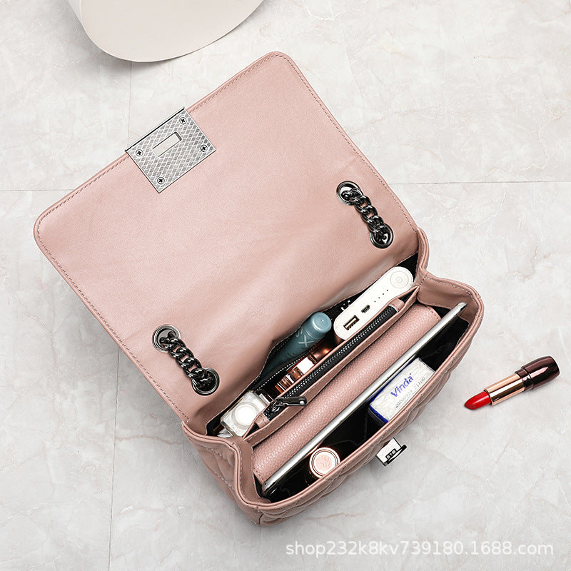 Ladies Cowhide Top Bag Fashion Chain Bag Check Bag Shoulder Bag.Pochette