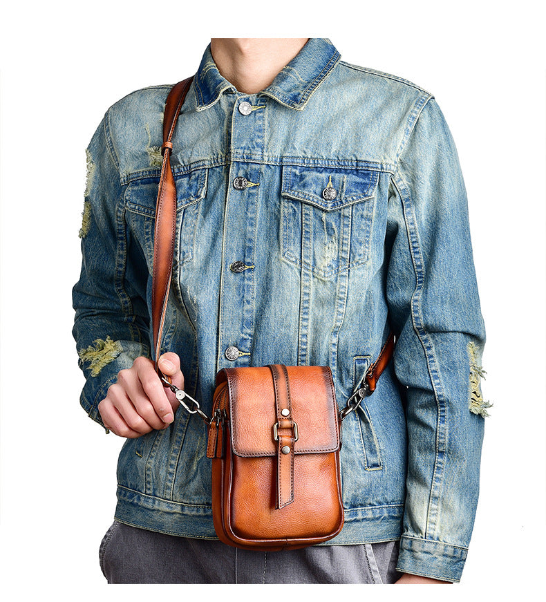 Men's Shoulder Bag Genuine Cowhide Leather Retro Casual Unisex Crossbody Bag 