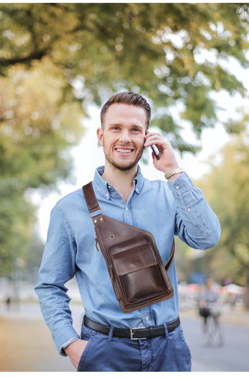 Men's Bust Bag Genuine Cowhide Leather Retro Outdoor Versatile Men's Crossbody Bag 