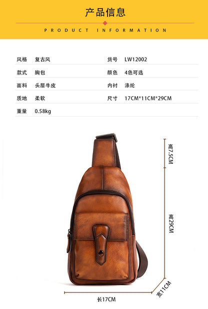 メンズバストバッグ牛革本革製レトロカジュアル男性用斜めがけバッグ