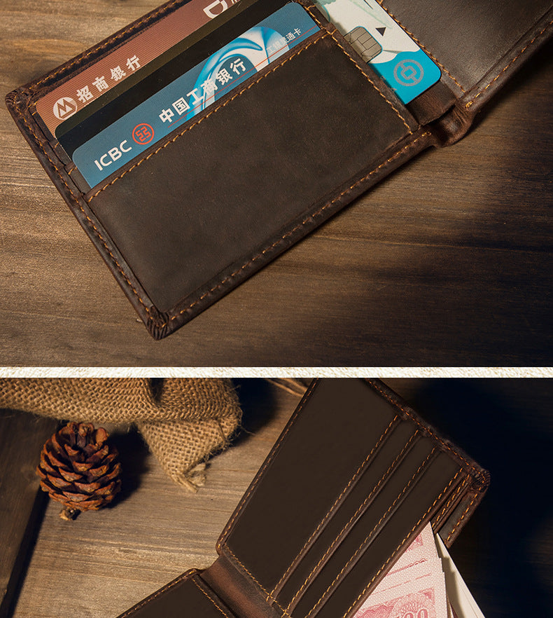 Men's short wallet made of genuine cowhide leather Crazy Horse Original casual simple thin Korean fashion unique wallet for men 