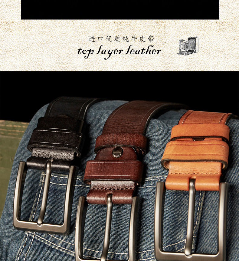 Men's Belt Handmade Cowhide Genuine Leather Retro Simple Casual Fashion Stainless Steel Needle Buckle Men's Belt 