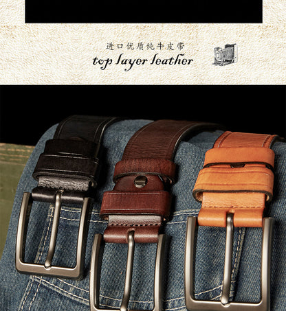 Men's Belt Handmade Cowhide Genuine Leather Retro Simple Casual Fashion Stainless Steel Needle Buckle Men's Belt 