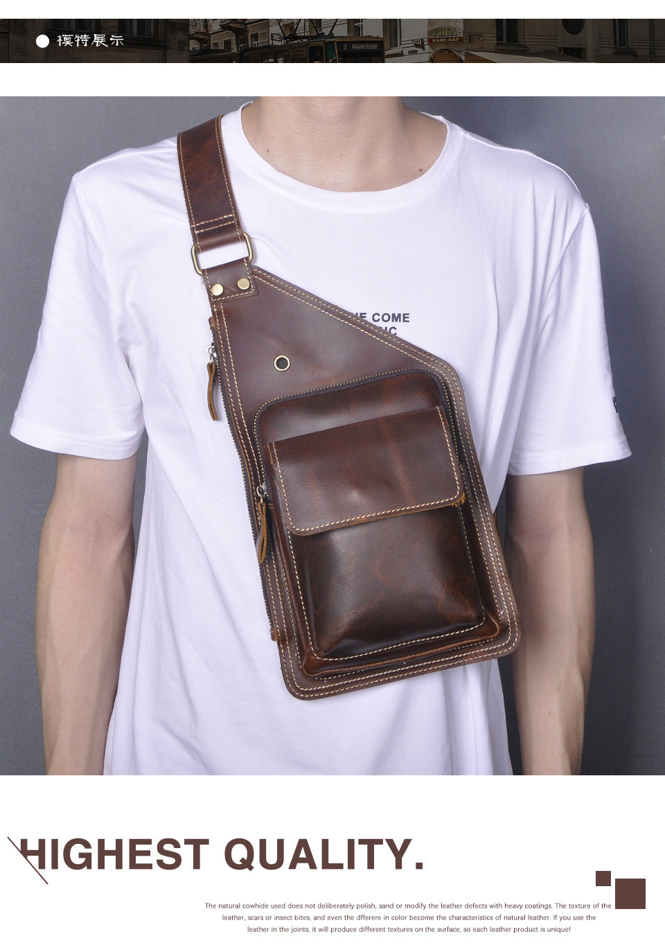 Men's Bust Bag Genuine Cowhide Leather Retro Outdoor Versatile Men's Crossbody Bag 