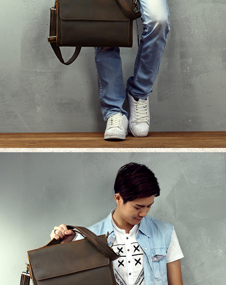 Men's Handbag Briefcase Handmade Cowhide Genuine Leather Retro Simple Messenger Bag Business Casual Men's Shoulder Bag Crossbody Bag 