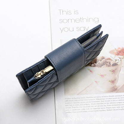 Women's short genuine leather wallet check wallet sheep leather wallet tri-fold cloth coin purse wallet women's wallet