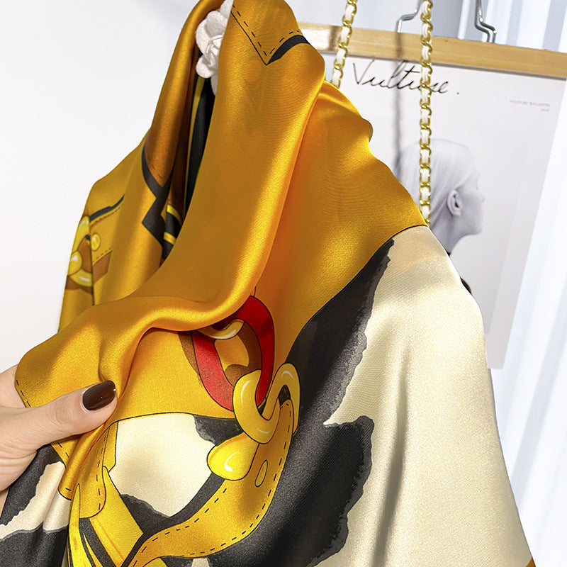 スカーフ女性字母柄プリント柄何とでも合うリボンシミュレーションシルク大きなスカーフ