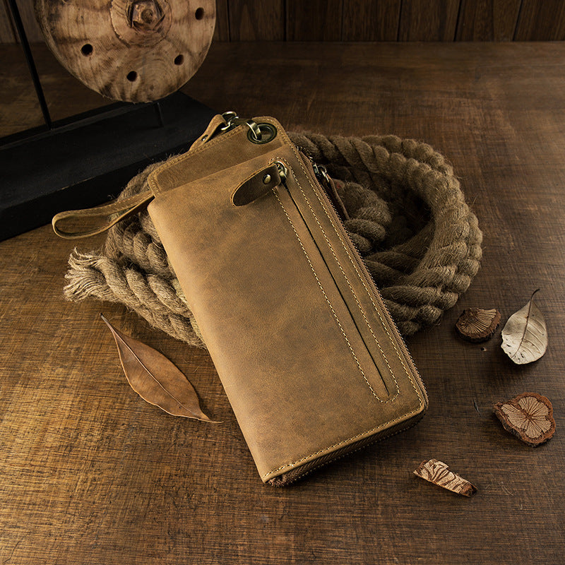 Men's long wallet Handmade cowhide genuine leather Crazy Horse Retro card bag Large capacity zipper Men's wallet Mobile phone bag
