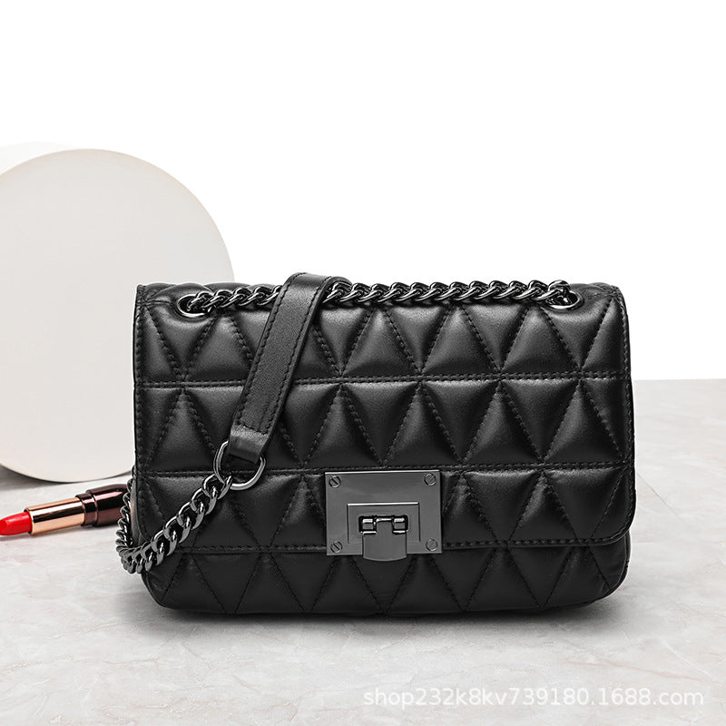Ladies Cowhide Top Bag Fashion Chain Bag Check Bag Shoulder Bag.Pochette