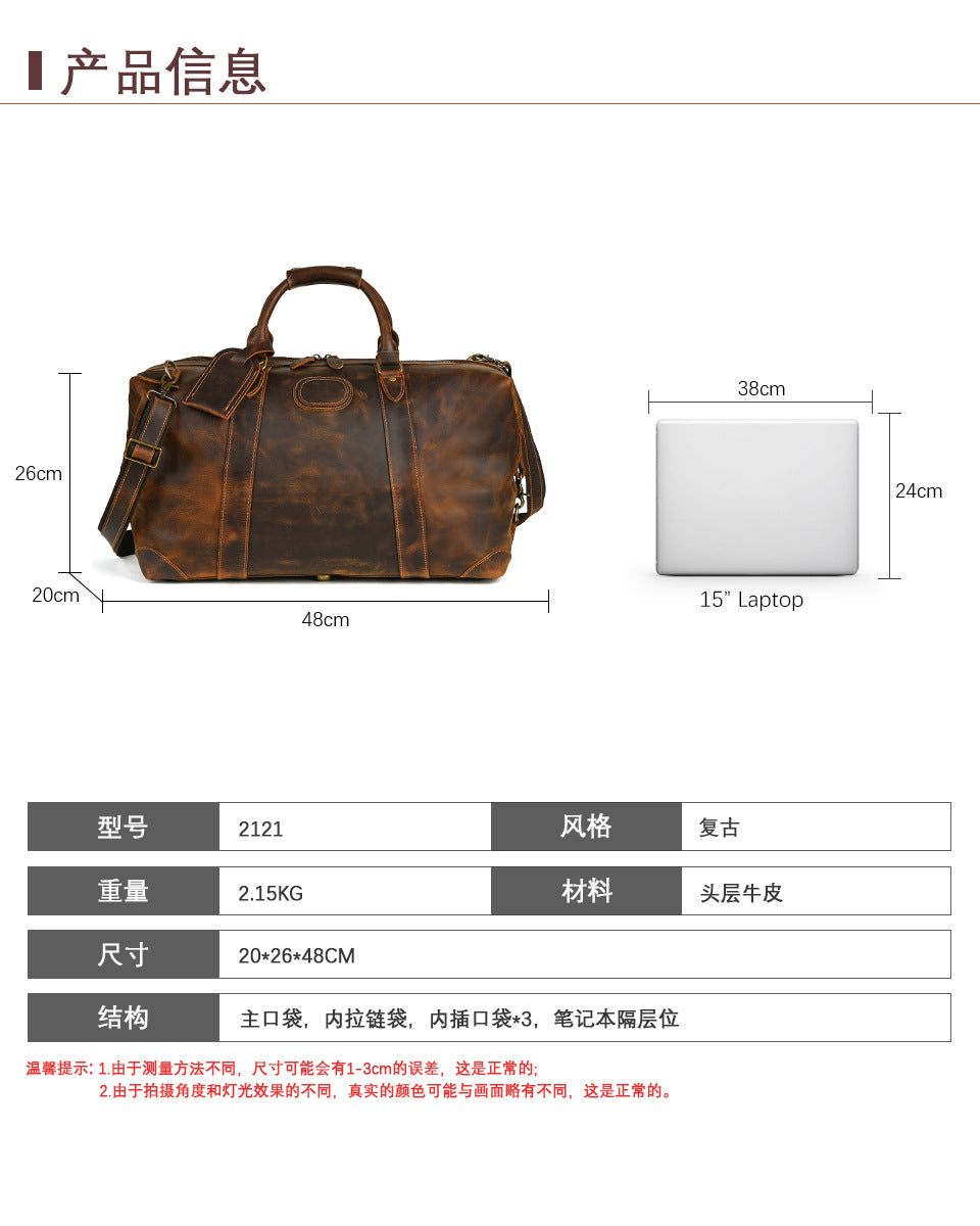 Men's Handbag Genuine Cowhide Luggage Bag Retro Casual Large Capacity Business Travel Bag for Men 