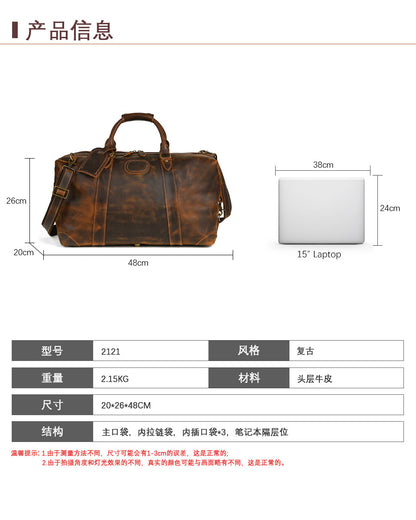 Men's Handbag Genuine Cowhide Luggage Bag Retro Casual Large Capacity Business Travel Bag for Men 