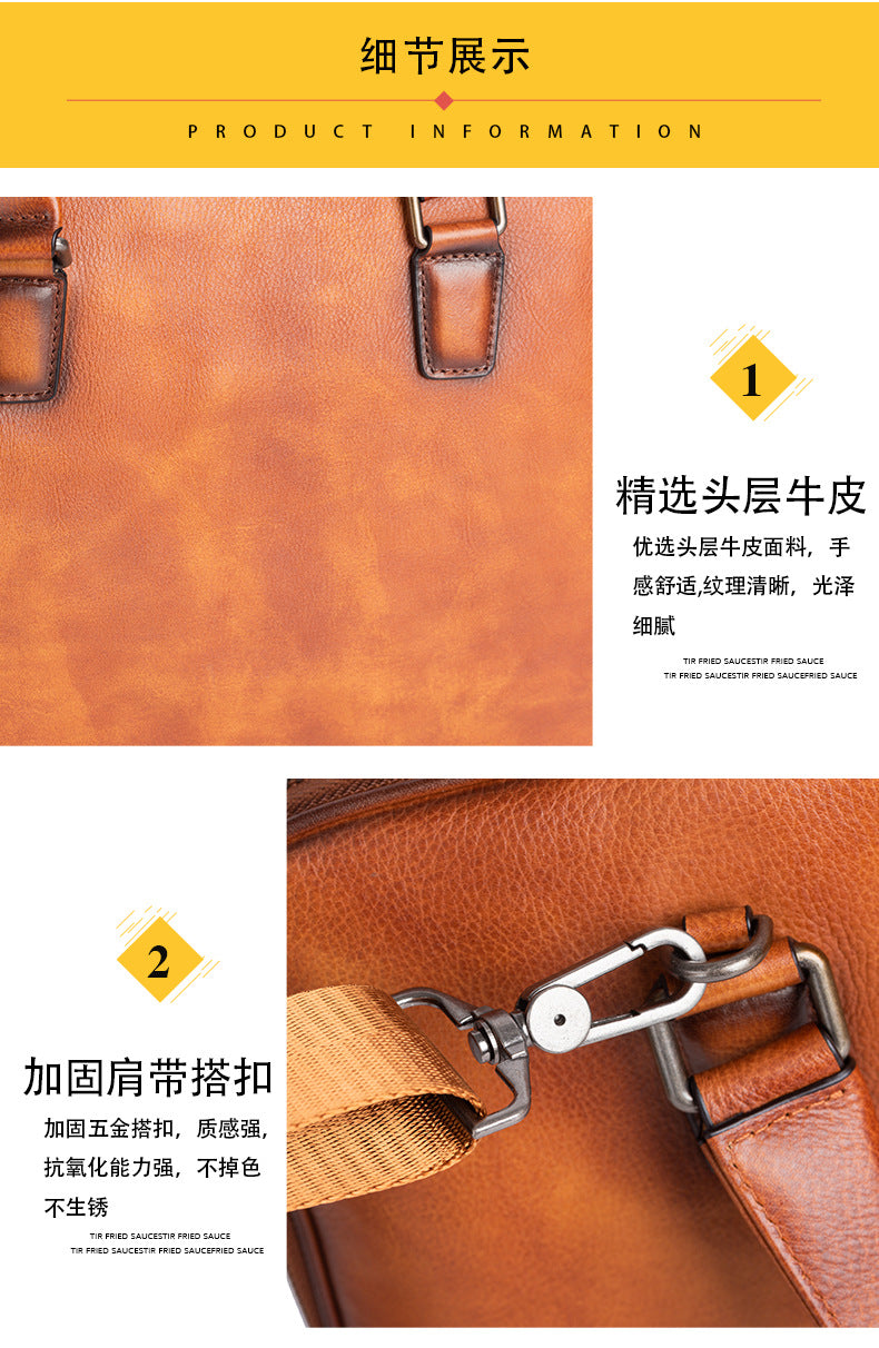 メンズブリーフケース牛革本革製レトロカジュアル男性用斜めがけバッグハンドバッグ